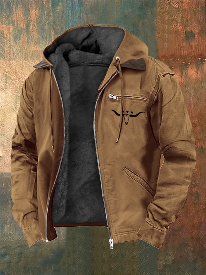 Benjamín® | Chaqueta de terciopelo vintage para hombre con estampado de cabeza de toro western y cremallera