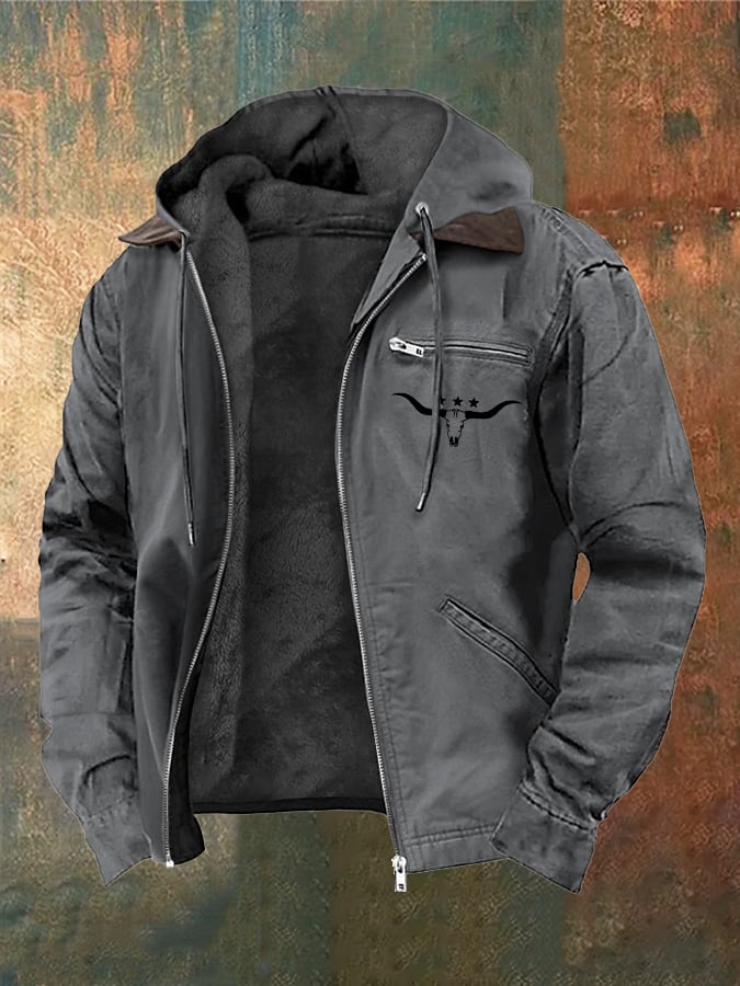 Benjamín® | Chaqueta de terciopelo vintage para hombre con estampado de cabeza de toro western y cremallera