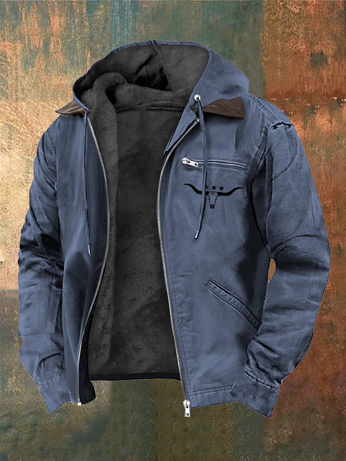 Benjamín® | Chaqueta de terciopelo vintage para hombre con estampado de cabeza de toro western y cremallera