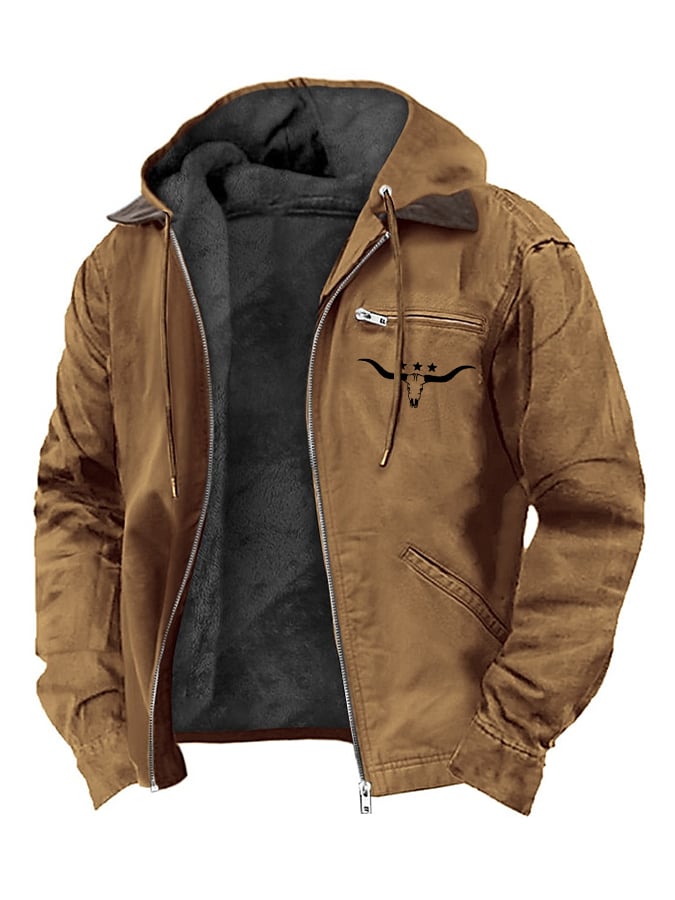 Benjamín® | Chaqueta de terciopelo vintage para hombre con estampado de cabeza de toro western y cremallera